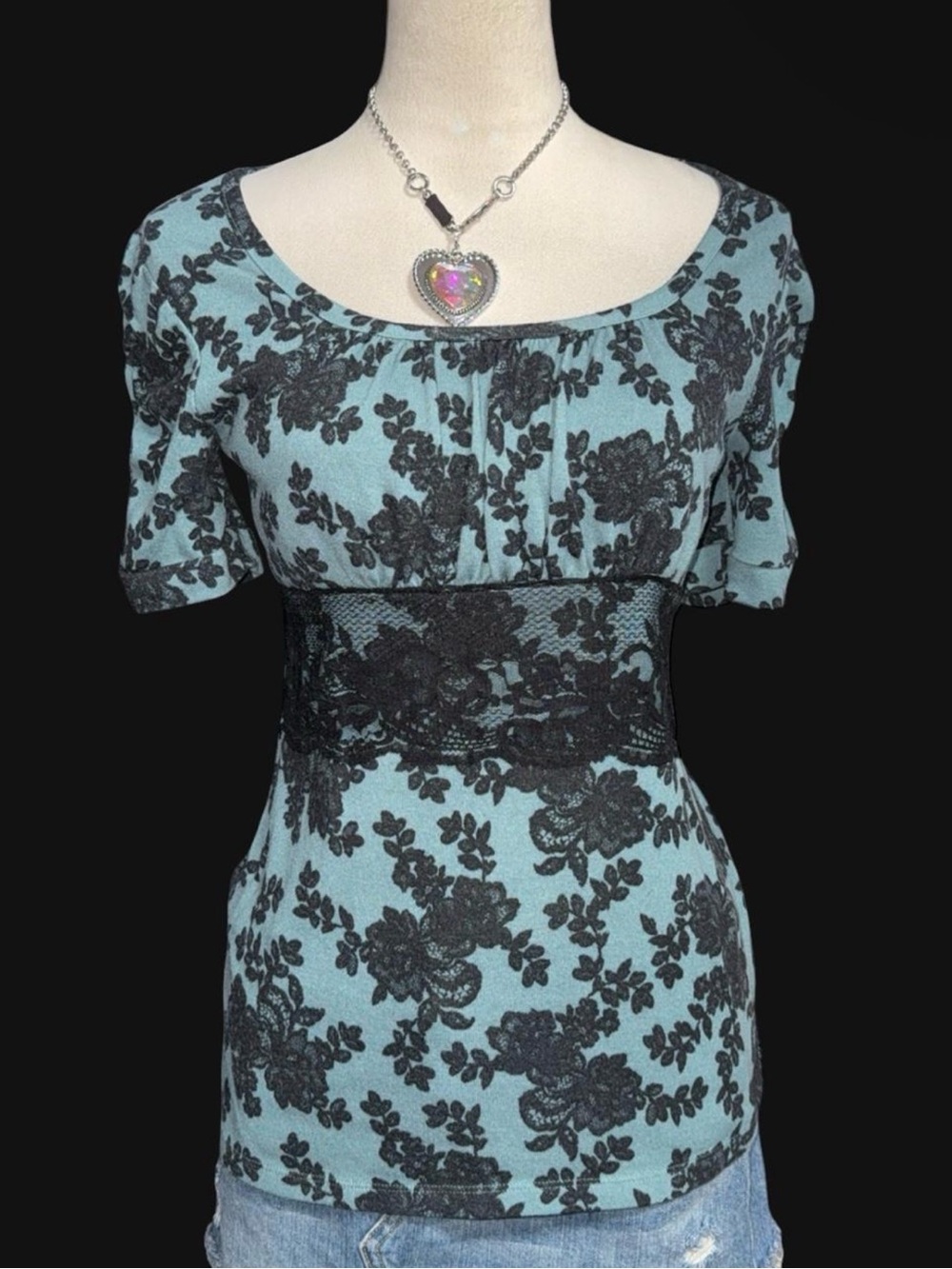 Maurices Black Lace Floral Overlay on Teal Top